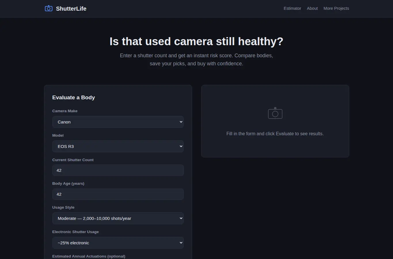 Screenshot of ShutterLife — Camera Shutter Count Estimator interface showing the project page in use